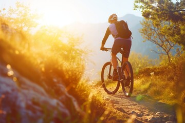 Active Cyclist Enjoying Mountain Biking On Scenic Trail In Nature. Сoncept Hiking Adventures, Wildlife Encounters, Nature Photography, Camping Under The Stars