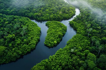 Aerial Perspective Captures River Meandering Through Lush Rainforest During Rainfall. Сoncept Nature's Majestic Waterfalls, Serenity In Rainforest, Rainfall Adventure, Captivating Aerial Views