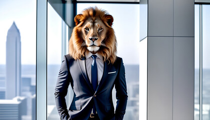 Lion in business suit stands in bright modern office room