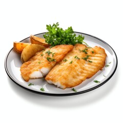 a pan fried dory, studio light , isolated on white background