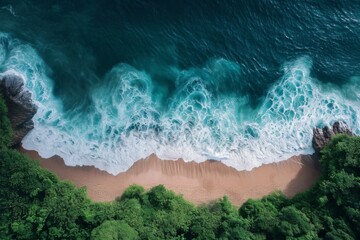 Aerial View Of Turbulent Waves Crashing On Tropical Shoreline Beach. Сoncept Nature's Serenity, Tropical Paradise, Dynamic Coastline, Power Of The Ocean, Mesmerizing Waves
