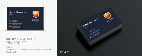 Fototapeta na wymiar Premium business card design template, ready for print file and realistic preview. Visiting card with orange shield logo on dark blue background for security or tech company