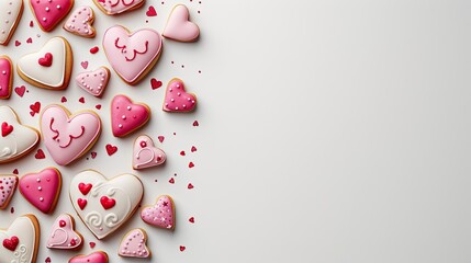 Valentine's Day decorated flatlay background for text with heart cookies and candy