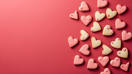 Valentine's Day decorated flatlay background for text with heart cookies and candy - obrazy, fototapety, plakaty
