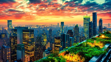 Poster Manhattan City Skyline at Sunset, Aerial Panoramic View, Urban Architecture, Downtown Skyscrapers, Evening Scene