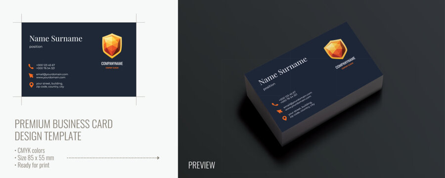 Premium business card design template, ready for print file and realistic preview. Visiting card with orange shield logo on dark blue background for security or tech company