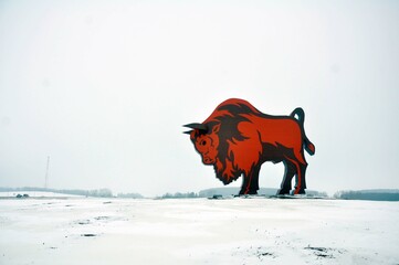 A huge steel monument to the Bison at the entrance to the Brest region in winter. Poor photography...