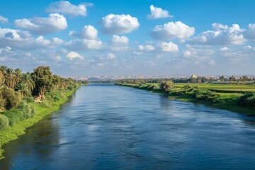Fototapeta na wymiar Beautiful Scenery Of The Nile On The Way To The Pyramids. Сoncept Nile River, Pyramids, Scenic Landscape, Egyptian Architecture