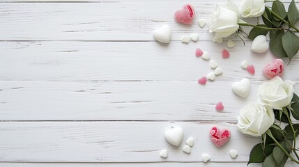 Fototapeta na wymiar Valentine's Day decorated flatlay white wood background for text