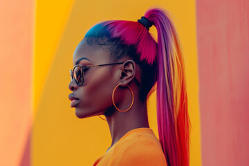 Beauty And Fashion Model Flaunting Vibrantly Dyed Ponytail. Сoncept Fashion Editorial, Bold Hair Color, Vibrant Style, Runway Ready, Trendsetting Looks