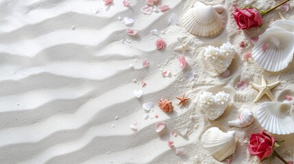 Valentine's Day decorated flatlay background for text on a sandy beach with shells