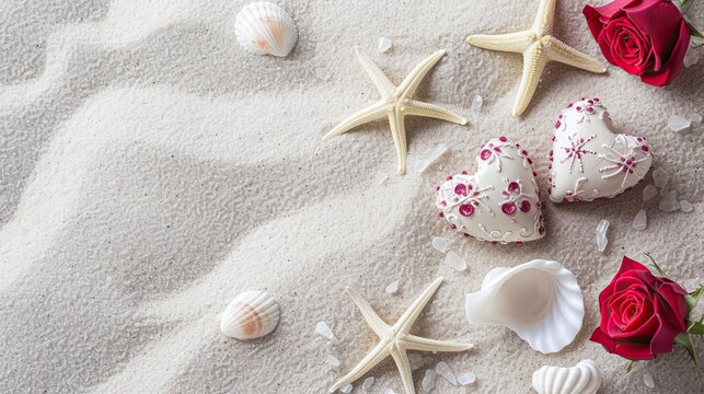 Valentine's Day decorated flatlay background for text on a sandy beach with shells