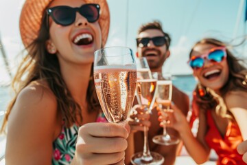 Cheerful Friends Toast With Champagne, Enjoying Yacht Party On Sunny Day. Сoncept Glamorous Beach Photoshoot, Sunset Silhouette Portraits, Adventure Travel, Romantic Couples, Nature Walk And Hiking