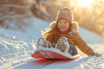Cheerful Girl Joyfully Sleds Down Sunlit Hill On Winter Day. Сoncept Winter Wonderland, Happy Moments, Sledding Adventures, Sun-Kissed Snow, Childlike Joy - obrazy, fototapety, plakaty