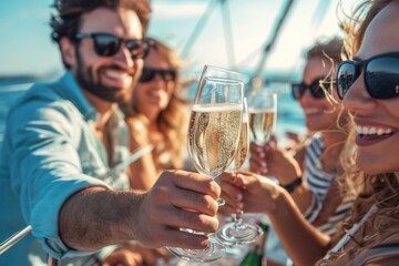 Cheerful Friends Toast With Champagne, Enjoying Yacht Party On Sunny Day. Сoncept Luxury Vacation, Exotic Destinations, Relaxing Beaches, Thrilling Adventures