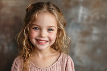Fototapeta premium Cheerful Young Girl With Beaming Smile Captured In Studio Setting. Сoncept Studio Photoshoot, Happy Young Girl, Beaming Smile, Portrait Photography