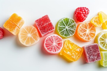 Colorful Candy With Flavors Of Freezedried Fruit Sits Alone On White. Сoncept Fruit-Flavored Candy, Freeze-Dried Fruit, Colorful Treats, White Background
