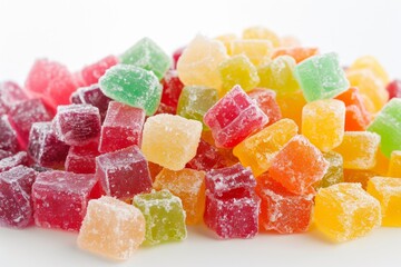 Colorful Freezedried Candy, Bursting With Fruity Flavors, Set Against Pure White. Сoncept Background, Tropical Fruit Medley, Sour Gummy Mix, Exotic Citrus Splash