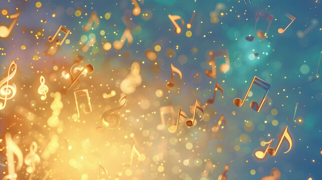 Naklejki Creative golden blue background with musical notes of AI generated music.