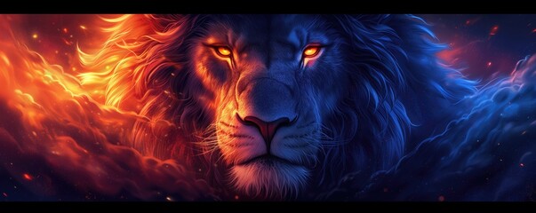 Majestic Lion in Royal Blue and Orange Illumination