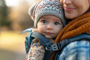 Close-up of a woman walking with her baby in a baby carrier on an autumn day. Mother's day concept, family