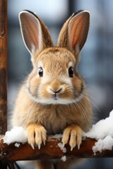 portrait of a cute bunny wearing knitted hat, scarf and mittens, colorful background
