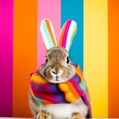 Fototapeta premium portrait of a cute bunny wearing knitted hat, scarf and mittens, colorful background 