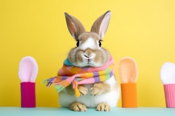 portrait of a cute bunny wearing knitted hat, scarf and mittens, colorful background

