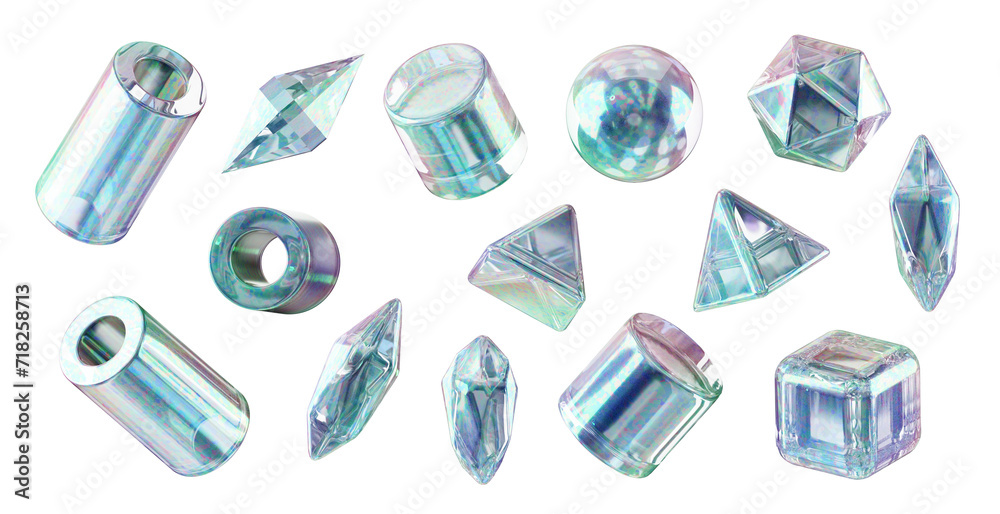 Poster crystal flakes geometry shape set isolated background 3d rendering