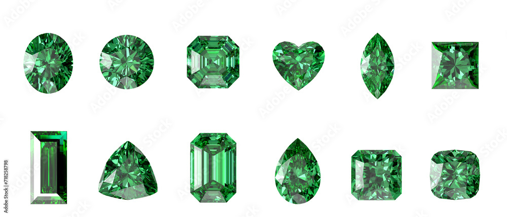 Poster 3d rendering emerald diamonds multiple type isolated background in top view