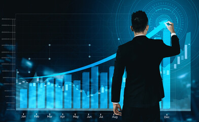 Double Exposure Image of Business and Finance - Businessman with report chart up forward to financial profit growth of stock market investment. uds