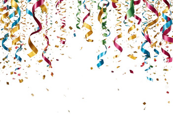 Hanging colorful streamers and falling confetti isolated on transparent background Birthday party celebration or festival