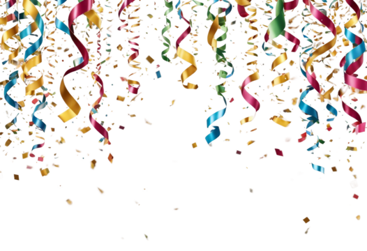 Hanging colorful streamers and falling confetti isolated on transparent background Birthday party celebration or festival - Powered by Adobe