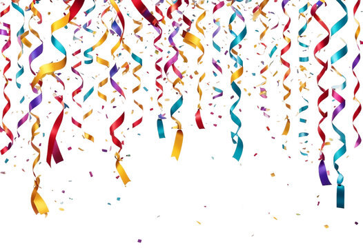 Hanging colorful streamers and falling confetti isolated on transparent background Birthday party or celebration