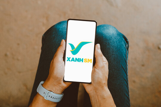 January 24, 2024, Brazil. In this photo illustration, the Xanh SM (Green and Smart Mobility – GSM) logo is displayed on a smartphone screen.