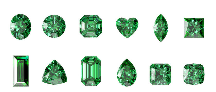 3D rendering emerald diamonds multiple type isolated background in top view 