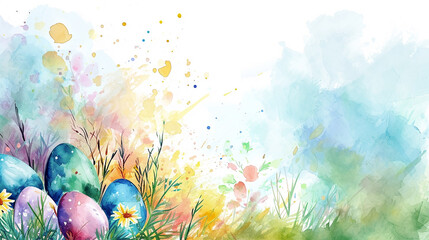 Abstract watercolor illustratration with colourful easter eggs, background with copy space