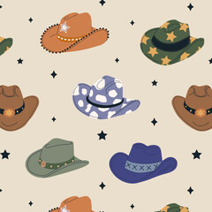 Pattern vector illustration cowboy hats and star. Collection of retro elements. Cowboy Western and Wild West theme. Set of different cowboy hat and accessories.