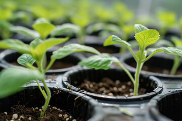 fresh green seedlings growing in pots, closeup