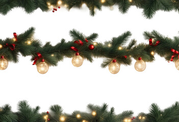 Fototapeta na wymiar Three seamless decorative Christmas borders with lights garland and coniferous branches isolated on a transparent background