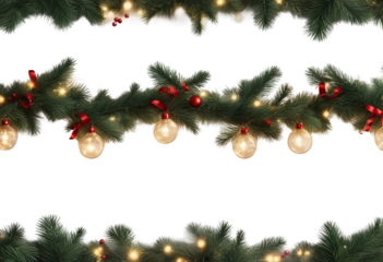 Three seamless decorative Christmas borders with lights garland and coniferous branches isolated on a transparent background
