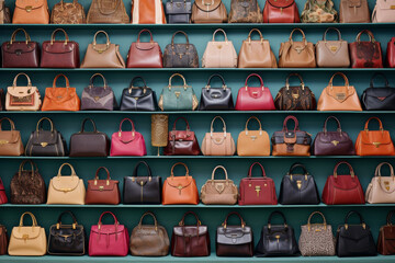 Fototapeta na wymiar Shopping addiction. A diverse collection of purses and bags, adorn a closet of a private collector