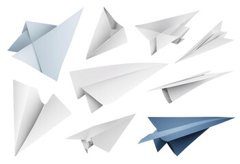 Set of different groups of flying papers and paper planes isolated on transparent background