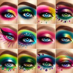 Set of images of women with colorful makeup. Beauty concept. Eye Makeup. 