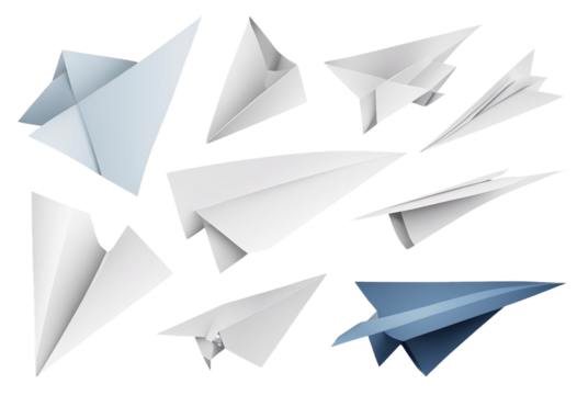Set of different groups of flying papers and paper planes isolated on transparent background