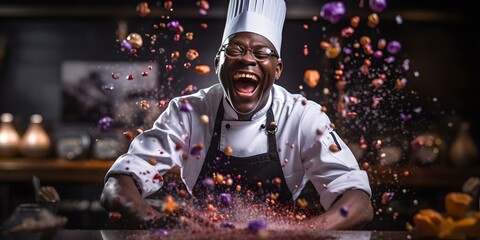 Joyful chef in action, cooking with passion in a dark kitchen. culinary artist creates edible magic. celebratory atmosphere. dynamic food preparation scene. AI