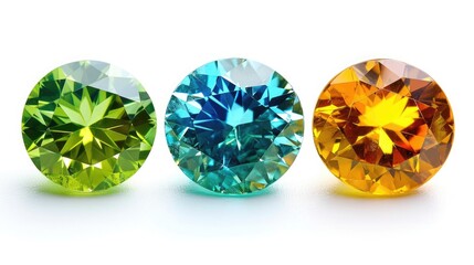 Fototapeta premium Three identical-sized gemstones, Peridot, Citrine, and Topaz, aligned in a row, showcasing their vibrant green, yellow, and blue hues respectively, against a white backdrop