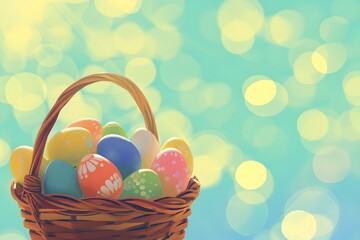 Colorful Easter Basket with Eggs and Bokeh
