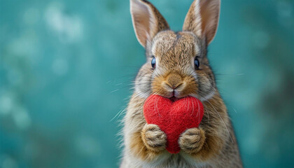 Rabbit with Valentine heart on pastel background. Cute realistic bunny holding red heart. Valentine's day greeting card. Copy space. Happy Valentine's Day