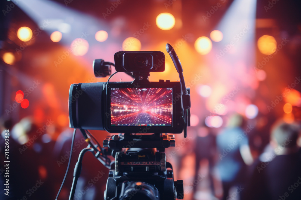 Wall mural Close up of video camera with screen, blurred studio background with lights in the background 